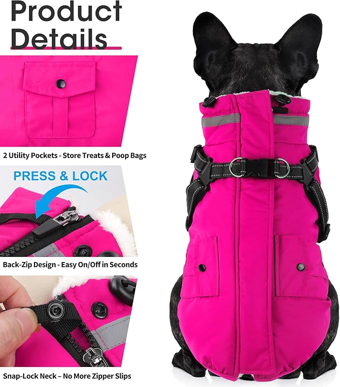 Dogcheer Dog Coat with Harness, Waterproof Warm Dog Winter Jacket with Pockets, Reflective Pet Fleece Jacket Turtleneck Snowsuit for Small Medium Large Dogs - Pink, S