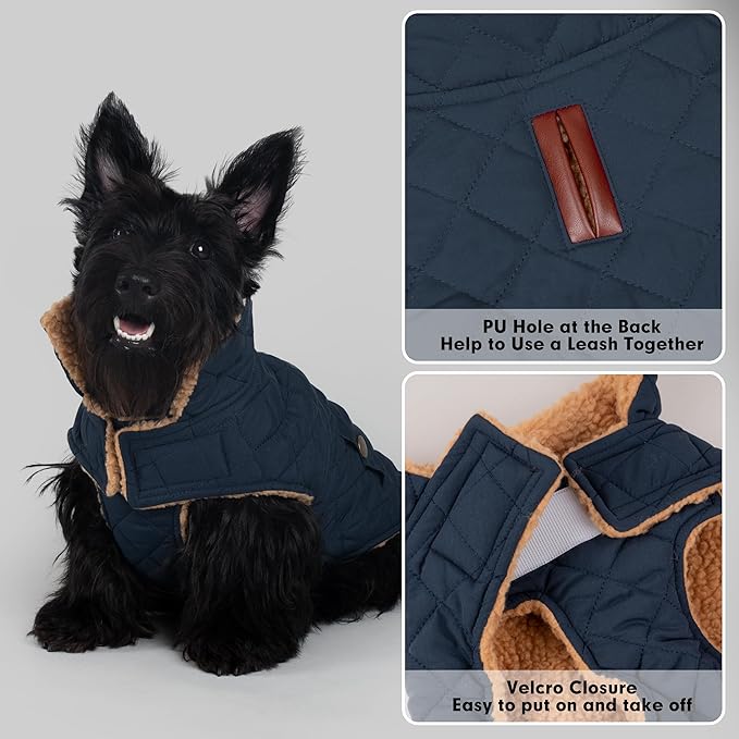 azuza Dog Jacket Waterproof & Windproof Dog Coat for Small Dogs with Thick Fleece, High Collar with Leash Hole, Adjustable Velcro & Elastic Belly, Navy XL