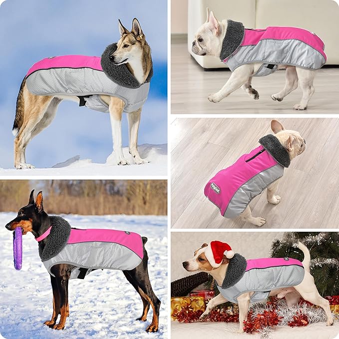 Dog Coat, Waterproof Ripstop Dog Winter Jacket with Leash Hole, Reflective Adjustable Warm Pet Fleece Snow Sweater for Small Medium Large Dogs - Pink, 2XL