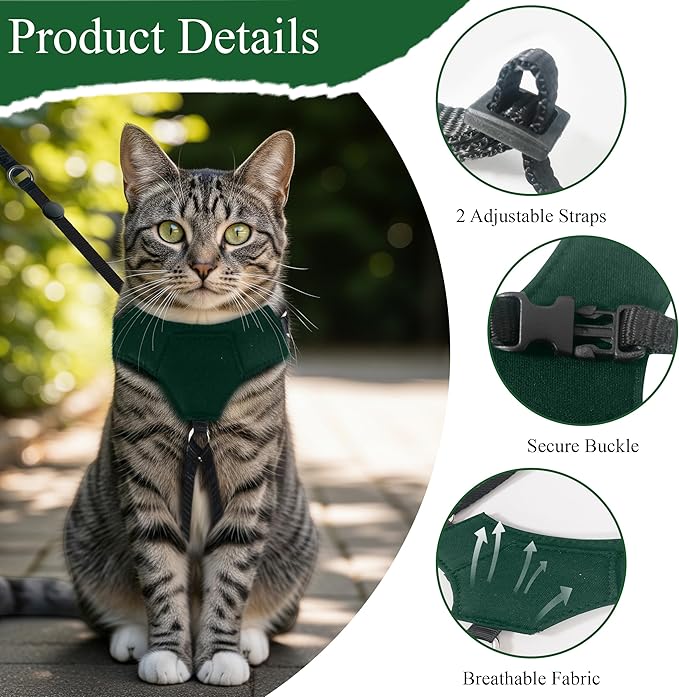 A1HC Escape Proof Cat Harness and Leash - Soft Adjustable Vest, Comfortable Mesh and Long Strips with Air Tag Pocket, Easy Control, Safe Walking Harness for Cats & Kittens - Dark Green (Small)