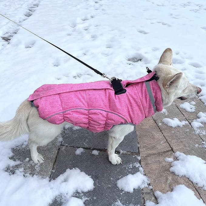 Malier Dog Coat, Reflective Dog Jacket Waterproof Windproof Puppy Cold Weather Coats with Harness Built in, Winter Extra Warm Pet Coat Fleece Vest for Small Large Pets and Puppy (Pink, X-Large)