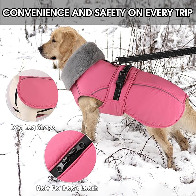 PETDSH Dog Coat Large, Windproof Dog Jacket with Warm Fleece Lining, Thickened Collar Dogs Winter Coat, Adjustable Reflective Pet Coats for Cold Weather (Pink, XX-Large)