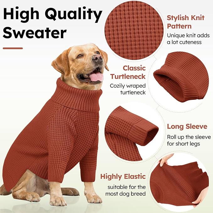 Queenmore Dog Sweaters for Medium Dogs Girl, Waffle Knit Dog Sweater with Long Sleeve, Doggie Kintsweaters, Cat Christmas Sweaters, Saddle Brown M