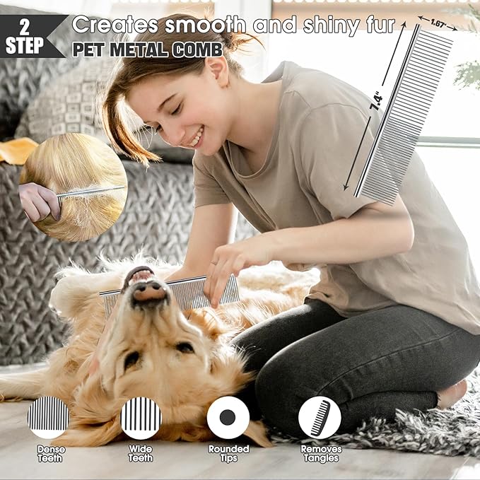 Dog Slicker Brush for Dogs Grooming Kit 4PCS | Large Dog Brush for Goldendoodles Poodles Doodles | Long Pin Haired Brush | Poodle Brushes and Comb (Black)