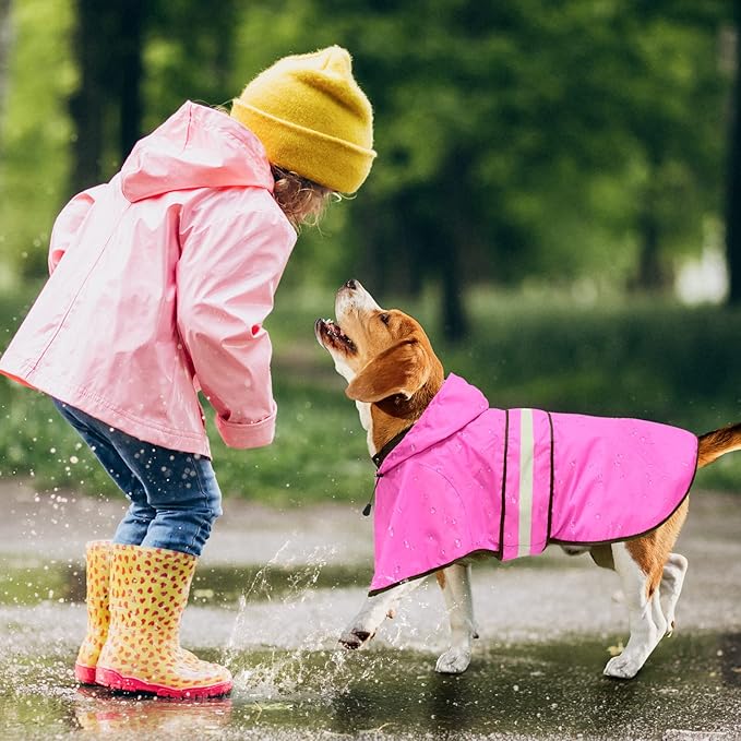 Dog Raincoat - Reflective Dog Rain Jacket, Waterproof Hooded Pet Rain Coat with Harness Hole, Lightweight Adjustable Doggie Slicker Poncho for Walking (XX-Large, Pink)