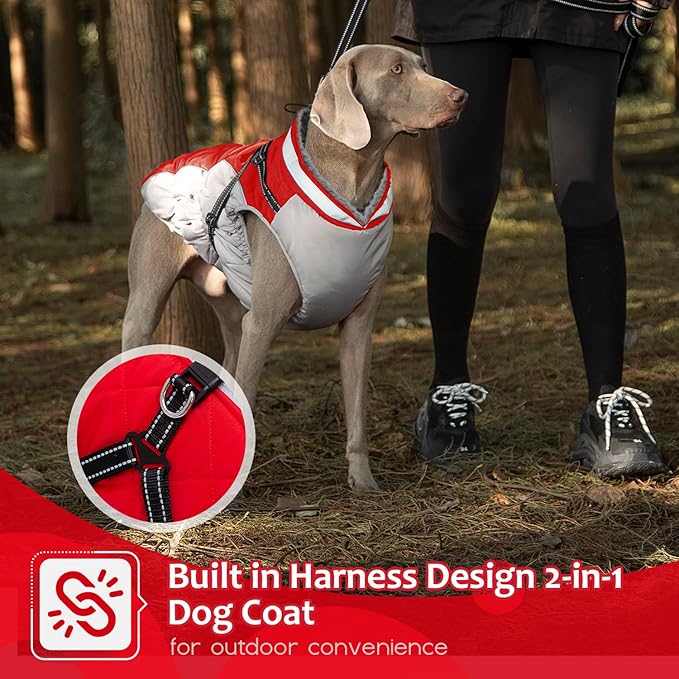 Dog Winter Coat with Harness, Dog Jacket, Pet Clothes with Zipper on Back, Waterproof Windproof Warm Vest, Reflective Cold Weather Coats, for Small Medium Large Dogs, Thick, Red, XL