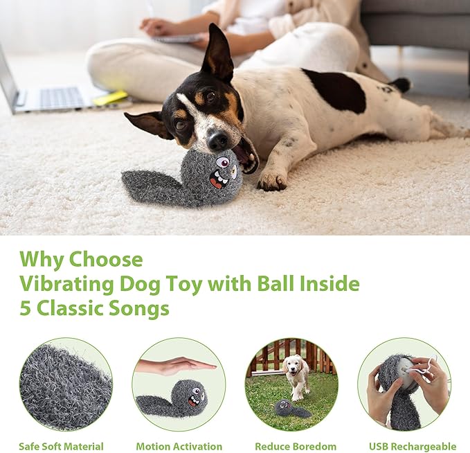 PETGEEK Interactive Squeaky Dog Toy, Automatic Moving Vibrating Dog Balls with Plush Cover, Rechargeable Perro Juguetes with Recording and Music Mode, Crinkle Pet Plush Toy for Boredom, Grey