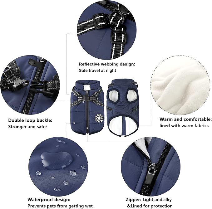 Aiboria Dog Jackets for Winter Windproof Waterproof 2 in 1 Outfit Cold Weather Coat Dog Vest Harness Puppy Winter Warm Jacket Large Blue 3XL
