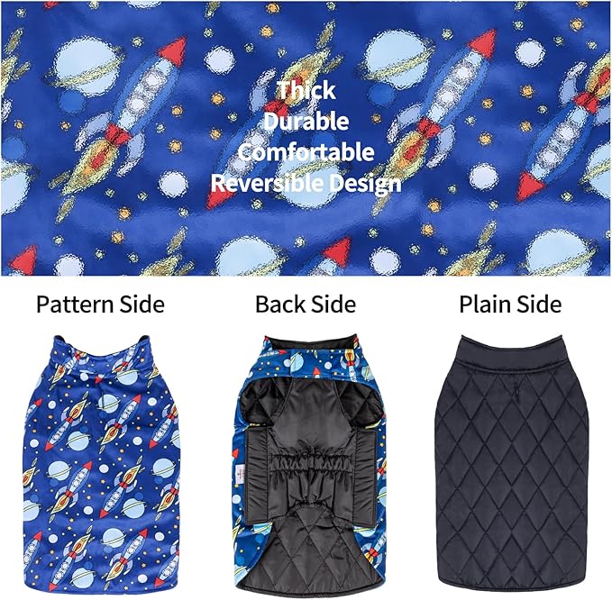 Bone Winter Jacket, Waterproof, Windproof Dog Reversible Vest, Thick Soft Coats with Leash Hole, Small to Large