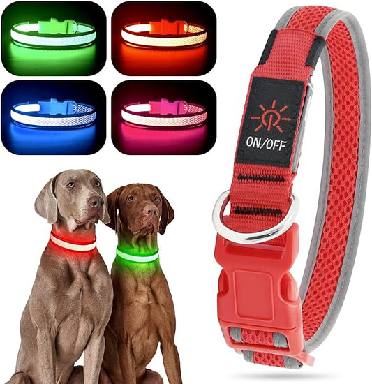 YFbrite Light up Dog Collar, USB Rechargeable LED Puppy Collar Super Bright Adjustable Glowing Dog Lights for Night Walking (Red, Large)