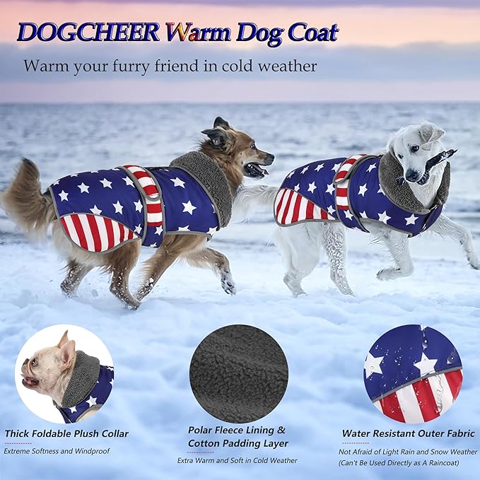Dogcheer Dog Coat, American Flag Dog Jacket Waterproof Puppy Winter Coat for Cold Weather, Reflective Adjustable Pet Snow Jacket Fleece Sweater for Small Medium Large Dogs - USA Flag, 3XL