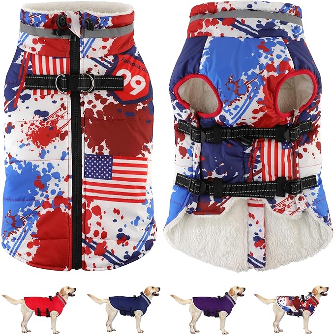Dogcheer Dog Winter Coat, American Flag Dog Jacket with Harness, Adjustable Puppy Coat with Zipper, Waterproof Pet Fleece Jacket Snowsuit for Small Medium Large Dogs - US Flag S