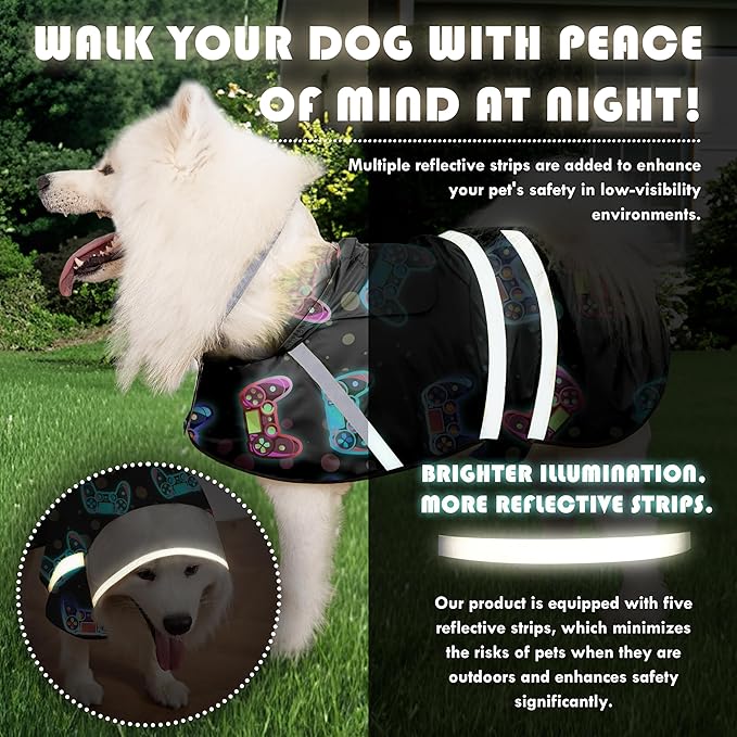 Dog Raincoat, Adjustable Rain Jacket with Hooded Double Layer for Large Medium Small Dogs Puppies, Lightweight Waterproof Rain Coat Poncho with Reflective Stripe Game Controller Black,XL