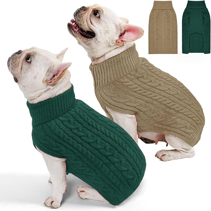 2 Pack Dog Sweaters for Medium Dogs Turtleneck Pullover Cable Knit Stretch Clothes French Bulldog Dachshund Boston Terrier Corgi Beagle Pug Boy Girl Pets Winter Clothes (M, Green & Brown)