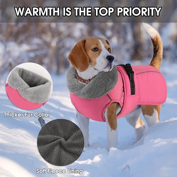 PETDSH Dog Coat Large, Windproof Dog Jacket with Warm Fleece Lining, Thickened Collar Dogs Winter Coat, Adjustable Reflective Pet Coats for Cold Weather (Pink, Large)