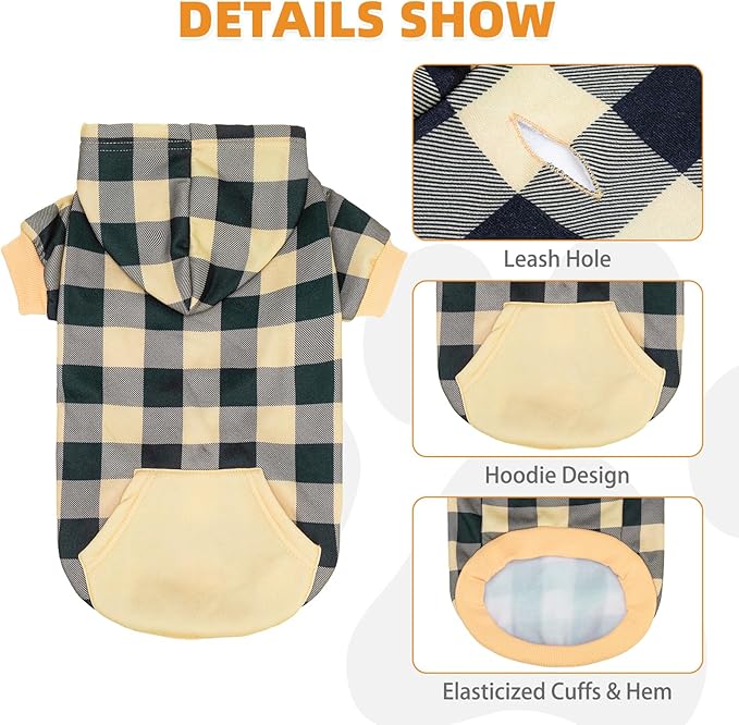 KOOLTAIL Plaid Dog Hoodie Pet Clothes Sweater with Hat and Pocket for Small Medium Large Size Dogs, Soft Winter Warm Dog Cold Weather Coat, Fleece Fall Dog Hooded Sweatshirt for Puppy Cats, Beige SM