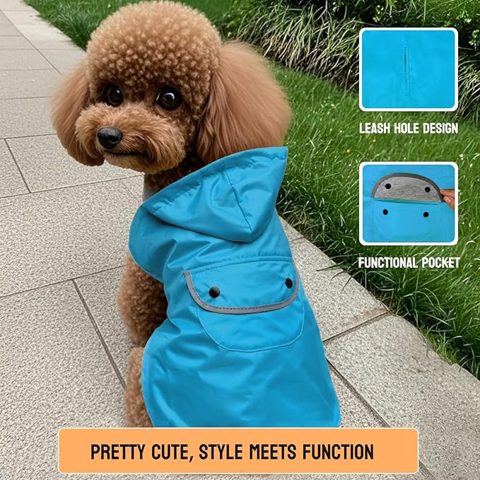 Dog Raincoat Dogs Rain Jacket Reflective Poncho Rainwear Waterproof Pet Clothes Warm Lined Pocket Hooded Leash Hole Adjustable for Puppy Small Dogs,Blue,M,Back Length 10.0 Inch