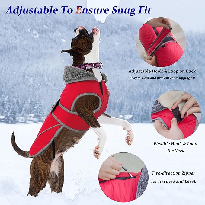 Dogcheer Dog Coat, Waterproof Dog Jacket Reflective Pet Winter Coat with Adjustable Hook & Loop, Christmas Puppy Fleece Jacket Warm Turtleneck Snowsuit for Small Medium Large Dogs - Red, L