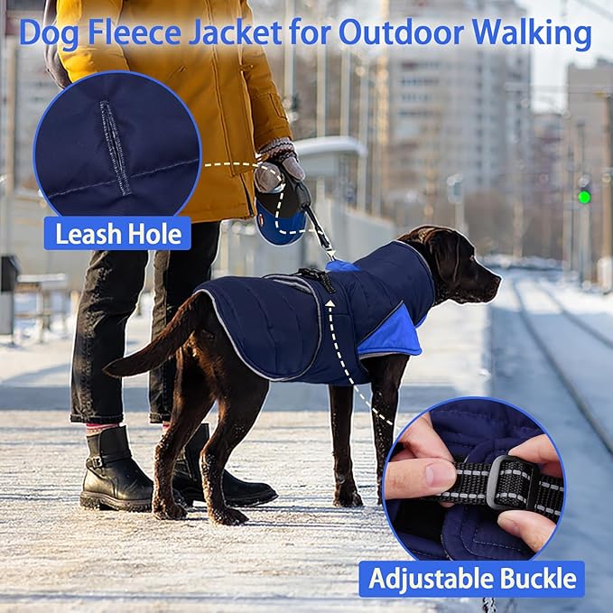 MIGOHI Thermal Large Dog Fleece Jacket - Rainproof Coat for Large Dogs, Thick Dog Winter Coat,Snow Jacket for Dogs Windproof for Hunting Camping,Windy Chilly Days,Doberman,Great Dane,3XL,DarkBlue