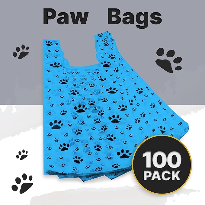 T-Shirt Bags – Paw Print Design Blue Color - 100 Pack - Thank You & Shopping Bags - Cat or Dog - 22" L x 12" W x 7" Plastic (Blue, 100)