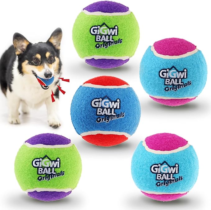 Gigwi Tennis Balls for Dogs, Squeaky Dog Tennis Balls for Exercise, High Bouncy Pet Ball Bright Colors 2.5 Inches, Interactive Funny Dog Toys for All Breeds of Dogs Indoor & Outdoor Dog Games, 5 Pack