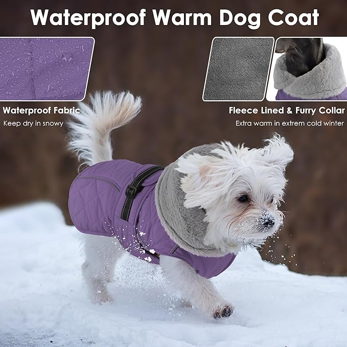 Dog Coat, Waterproof Dog Winter Jacket with Adjustable Buckle, Reflective Turtleneck Pet Snow Vest Warm Fleece Sweater for Small Medium Large Dogs - Purple, XL