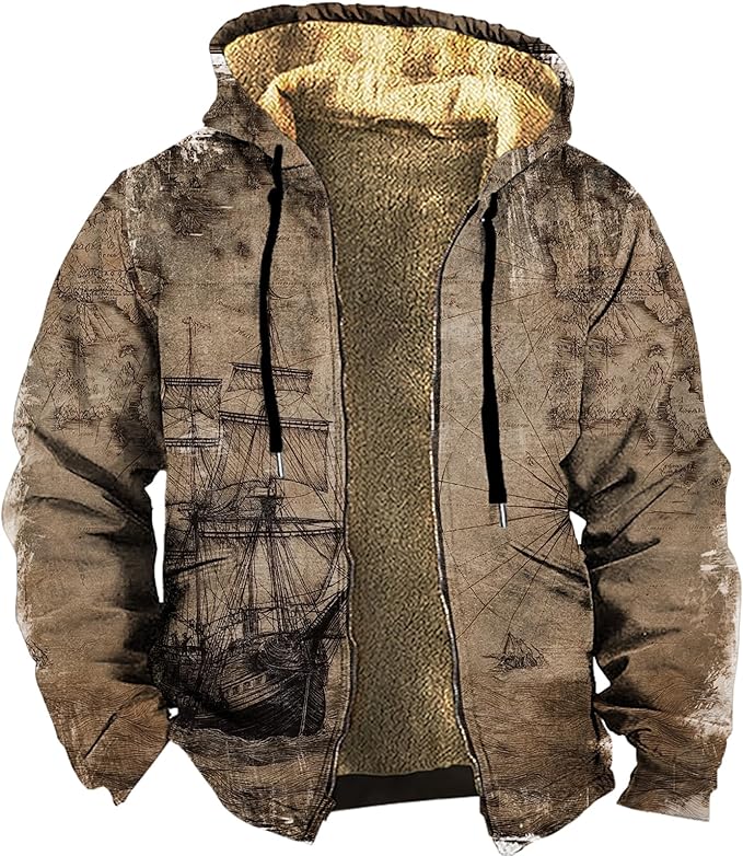 Men's Zip Up Jackets Western Style Ethnic Hoodie Hooded Vintage Long Sleeve Warm Coat Winter Outfits