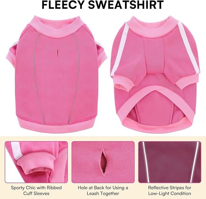 Queenmore Fleece Dog Sweater for Girl Dogs, Pullover Pink Dog Sweatshirt Sweatshirt with Leash Hole, Reflective Stripes – Cozy Winter Fleece Jacket for Small/Medium/Large Femal Puppy XXL