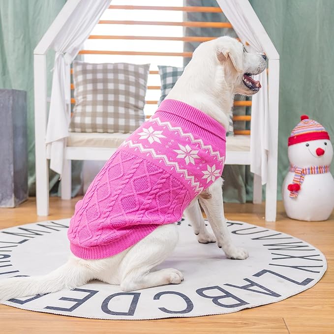Warm Winter Pink Dog Sweater - Female Cold Weather Pet Clothes for Small Medium Large Dogs Girl Indoor Outdoor, Soft Classic Knit Puppy Apparel Coat
