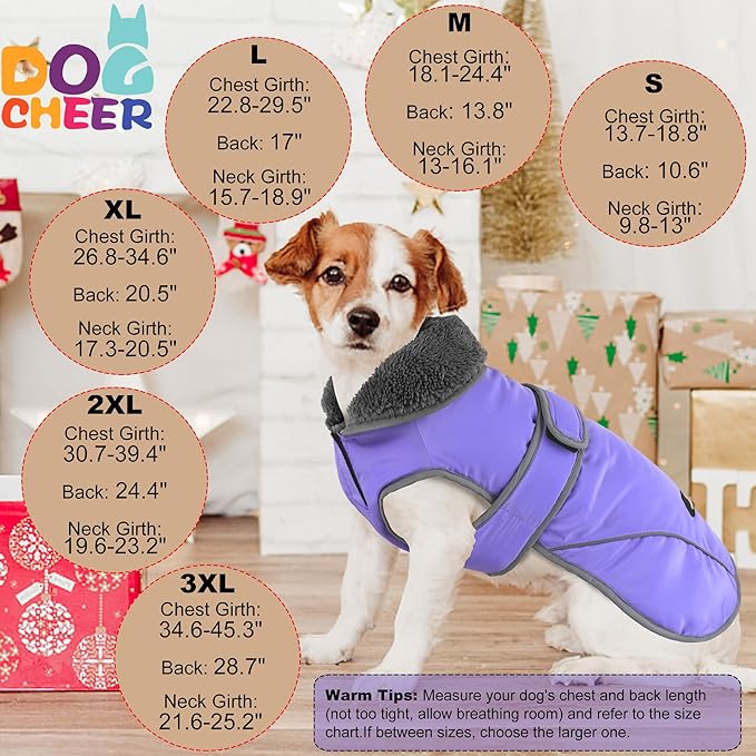 Dogcheer Dog Coat, Waterproof Dog Jacket Reflective Pet Winter Coat with Adjustable Hook & Loop, Christmas Puppy Fleece Jacket Warm Turtleneck Snowsuit for Small Medium Large Dogs - Taro Purple, S