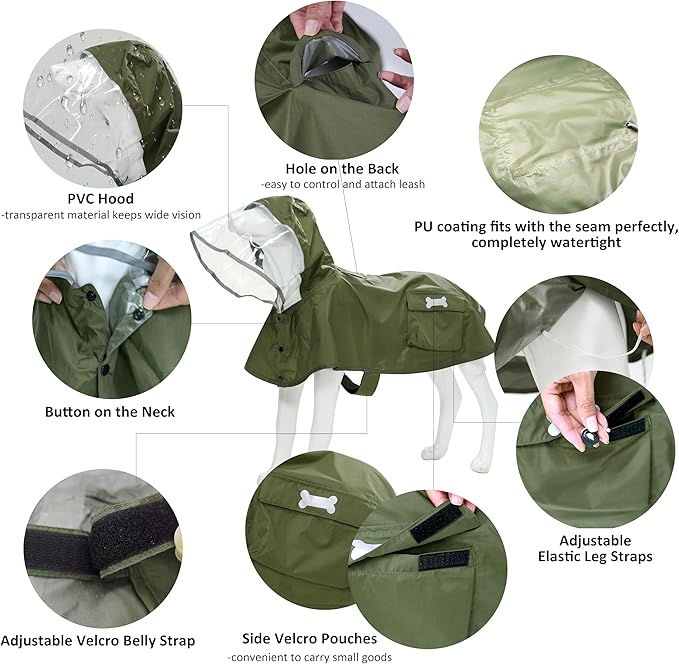 Waterproof Dog Raincoat, Adjustable Reflective Lightweight Pet Rain Clothes with Poncho Hood (Army Green, Medium)