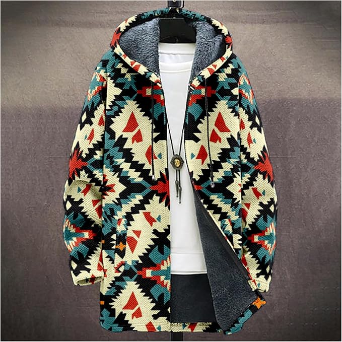 Mens Aztec Print Hoodie Heavyweight Cotton Fleece Jacket Zip Up Warm Long Sleeve Hooded Winter Midi Coat