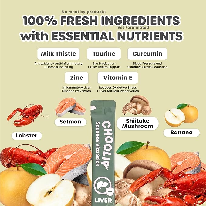 Choolip Squeeze Vita Stick Lickable Cat Treats & Dog Puree – 49-Count Liver Support Tubes, Creamy Grain-Free High-Protein Puree with Milk Thistle, Vitamin E & CoQ10 for Liver Health & Detox Support