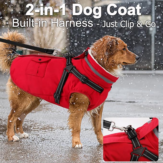 Dogcheer Dog Coat with Harness, Waterproof Warm Dog Winter Jacket with Pockets, Reflective Pet Fleece Jacket Turtleneck Snowsuit for Small Medium Large Dogs - Red, 3XL
