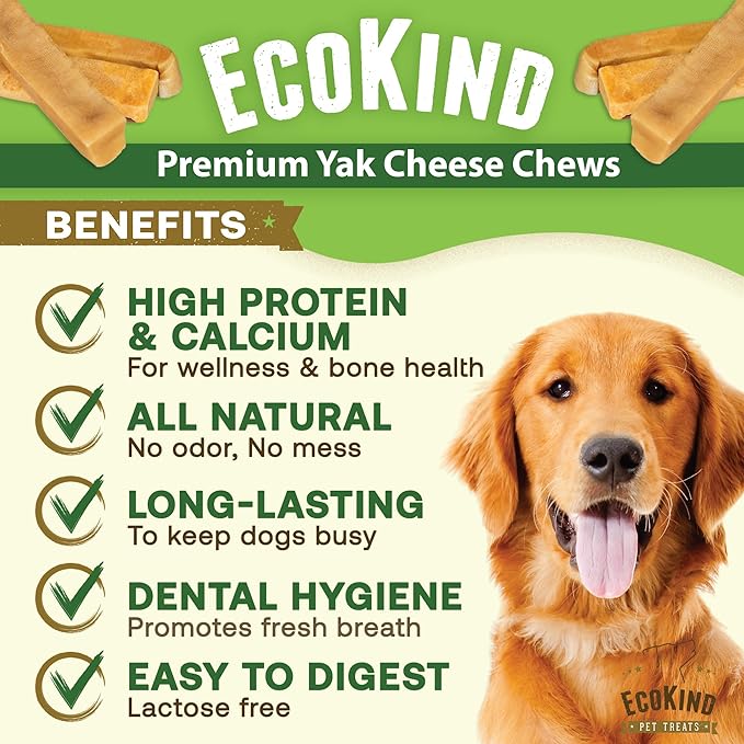 EcoKind Premium Gold Yak Cheese Himalayan Dog Chews, Dog Treats Large Breed, All Natural, High Protein Dog Chew, Cheese, Large - 12+ Chews (3 lbs)