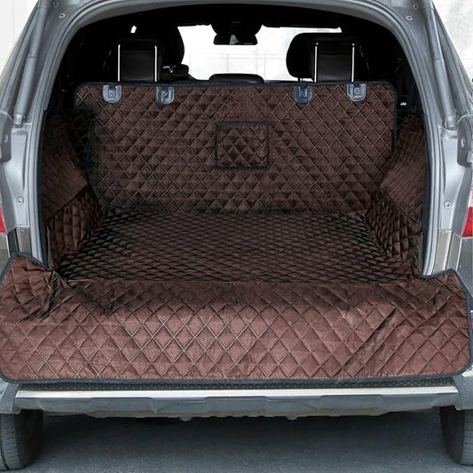 PETICON SUV Cargo Liner for Dogs, Waterproof Pet Cargo Cover Dog Seat Mat for SUVs Sedans Vans with Bumper Flap Protector, Non-Slip, Large Size Universal Fit, Brown