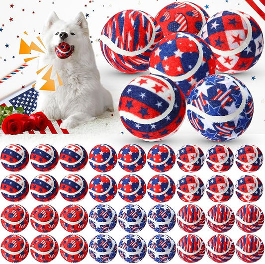 36 Pcs Independence Day Dog Squeaky Tennis Balls 2.5 Inch Interactive Pet Toys Ball for Small Medium Large Dog Plush Chew Toys Teeth Cleaning for Aggressive Chewers Cat Interactive Training