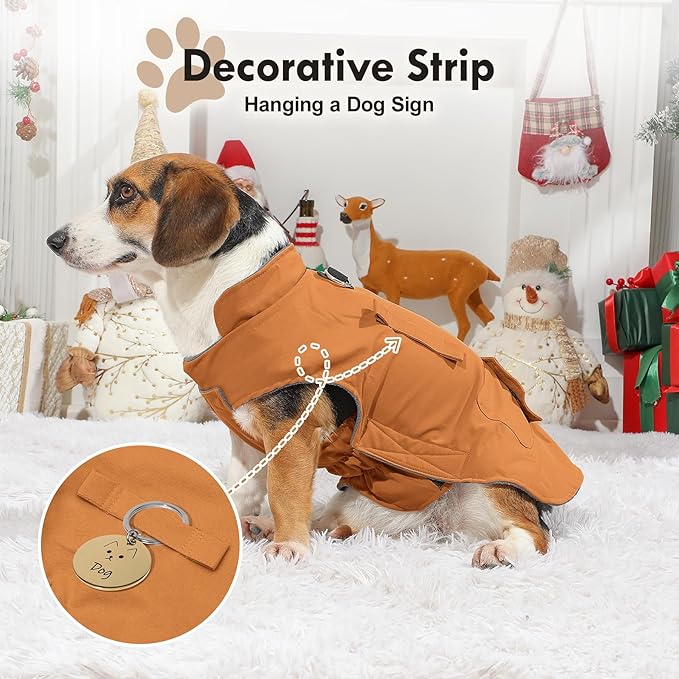 Workwear Style Dog Coats with Harness Built in for Small Dogs Windproof Warm Puppy Jacket with Storage Pockets for Cold Winter,BrightBeige M