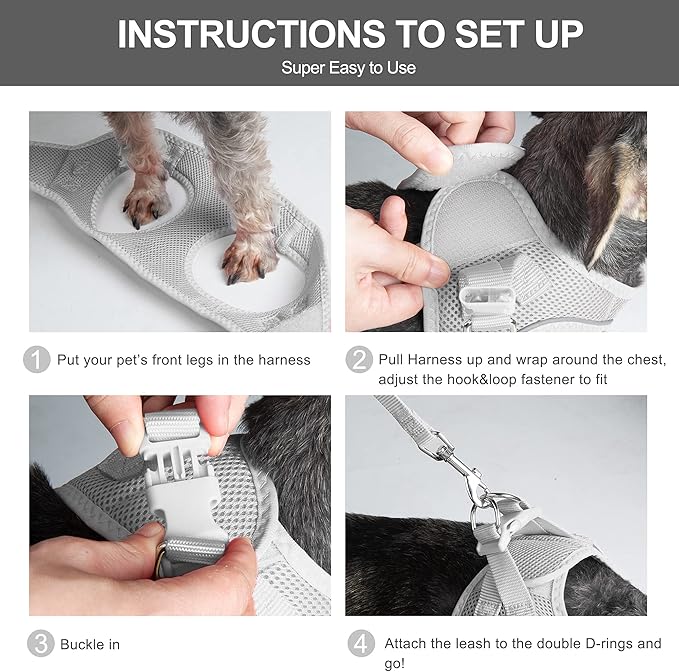 Fida Comfy Dog Harness with Leash, Cat Vest Harness Escape Proof, Breathable Lightweight Soft Mesh, Adjustable Reflective Step-in Harness for Puppy Toy Breeds & Extra-Small Pet (XXS, Grey)