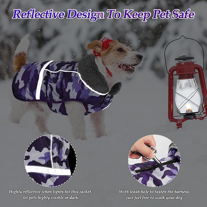 Dogcheer Warm Dog Coat, Waterproof Dog Jacket Christmas Puppy Winter Coat with Buckle, Reflective Adjustable Pet Snow Jacket Turtleneck Fleece Sweater for Small Medium Large Dogs - Camo Purple, S