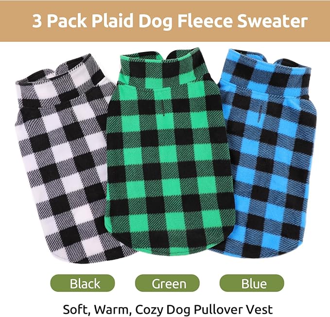 KAMA BRIDAL 3 Pack Spring Autumn Winter Coat Pullover Fleece Vest for Cats Small and Medium Dogs - Thin Sweater Blue Green Black Plaid (XXXS)