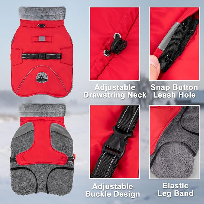 KYEESE Waterproof Dog Coat, Windproof Warm Winter Jacket with Leash Hole, Reflective Cold Weather Dog Coats for Small Dogs, Outdoor Pet Coat Cozy Puppy Jacket Thick Fleece Lined, Red, Small