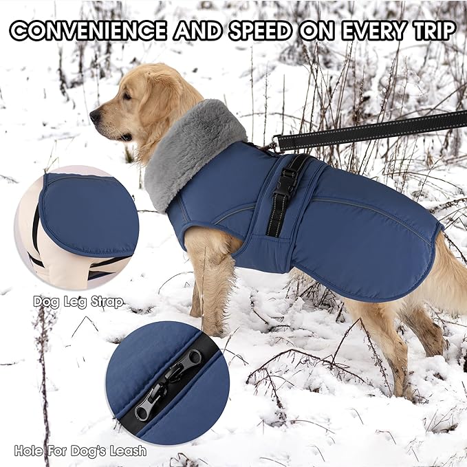 PETDSH Dog Coat Large, Windproof Dog Jacket with Warm Fleece Lining, Thickened Collar Dogs Winter Coat, Adjustable Reflective Pet Coats for Cold Weather (Navy Blue, XXX-Large)