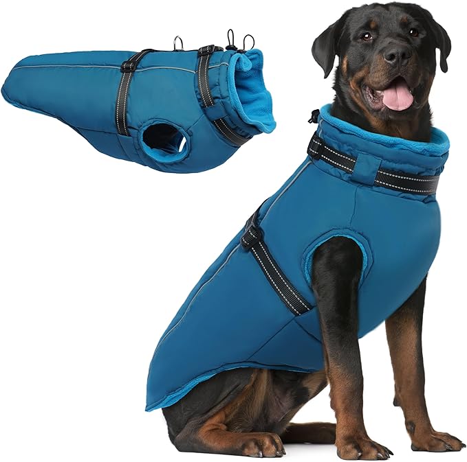 PUMYPOREITY Snow Jacket for Large Dogs Waterproof, Warm Dog Winter Coat with Harness Built in, Fleece Jacket with Back Zipper, Cold Weather Coats for Outdoor, Windproof Pet Snowsuit, Blue, 3XL