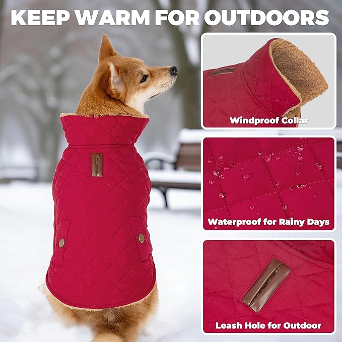 Dog Coat, Warm Soft Dog Winter Coats for Small Dogs, Waterproof Windproof Dogs Adjustable Jacket with Fleece Lined Turtleneck Doggy Snowsuit with Leash Hole, Red Large