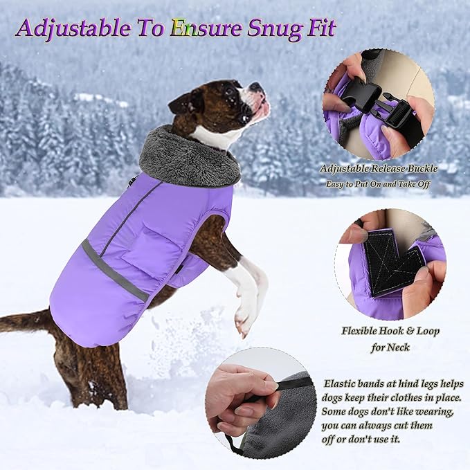 Dogcheer Warm Dog Coat, Waterproof Dog Jacket Christmas Puppy Winter Coat with Buckle, Reflective Adjustable Pet Snow Jacket Fleece Sweater for Small Medium Large Dogs - Taro Purple L