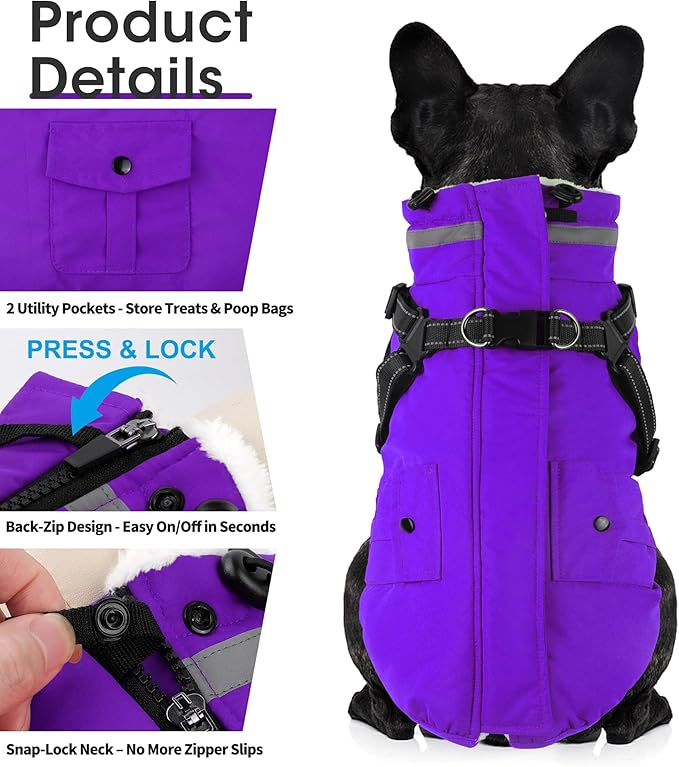 Dogcheer Dog Coat with Harness, Waterproof Warm Dog Winter Jacket with Pockets, Reflective Pet Fleece Jacket Turtleneck Snowsuit for Small Medium Large Dogs - Purple, M