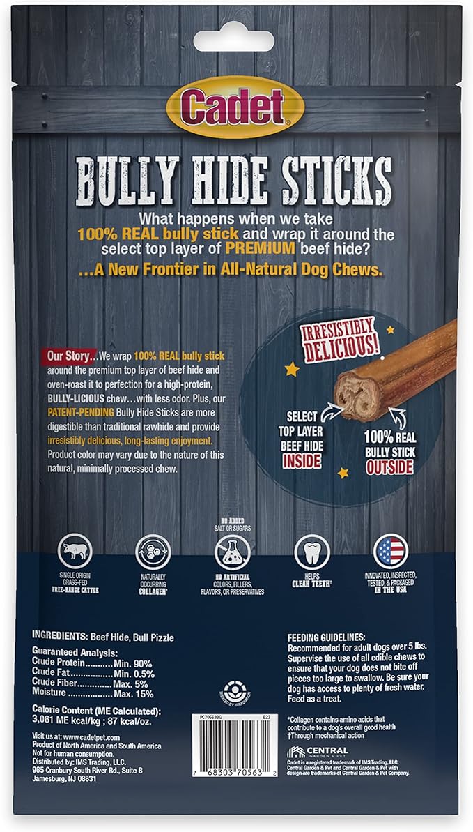 Cadet Bully Hide Sticks for Large Dogs, All-Natural Beef Pizzle, Limited-Ingredient Long-Lasting Dog Chews for Aggressive Chewers, 7 Count
