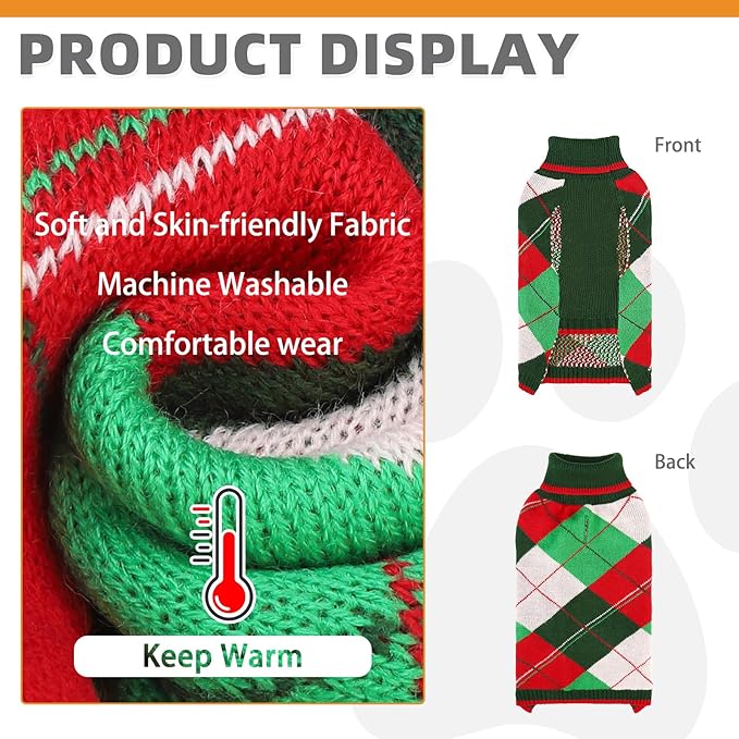 KOOLTAIL Dog Christmas Sweater Pet Knitted Clothes - Classic Plaid Pull Over Turtleneck Dog Sweaters with Leash Hole Warm Dogs Winter Clothing for Small Medium Dogs Cats Puppy Boy Girl Red & Green ML