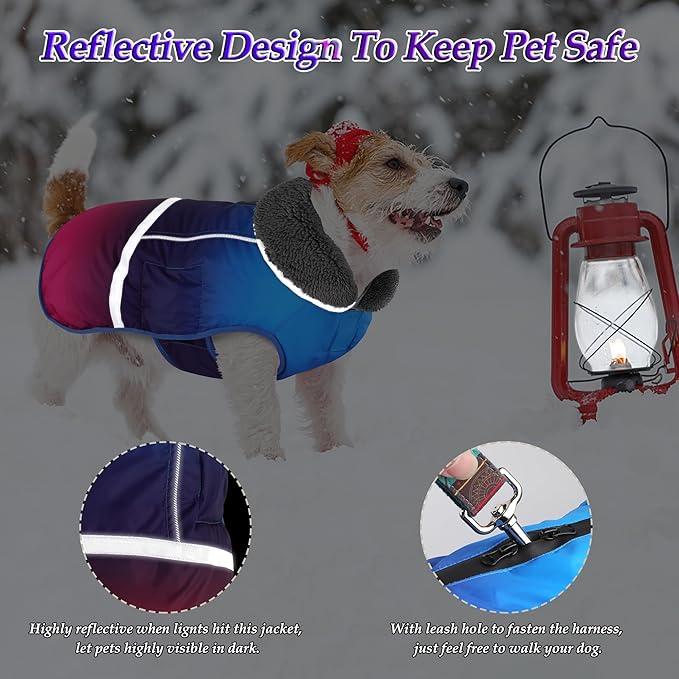 Dogcheer Warm Dog Coat, Waterproof Dog Winter Jacket Christmas Puppy Cold Weather Coats with Buckle, Reflective Adjustable Pet Snow Jacket for Small Medium Large Dogs - Gradient Blue-red, 3XL